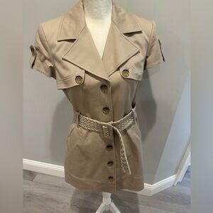 Women's Tan Short Sleeve Belted Trench Dress